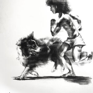 Boy & collie playing (61x46cm) 2025 travail animalier, fusain Boy & collie playing